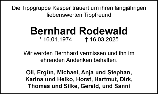 Traueranzeige von Bernhard Rodewald von MARKT Ratzeburg/Mölln