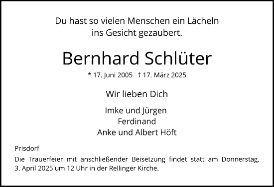 Traueranzeige von Bernhard Schlüter von Region Pinneberg und tip Pinneberg