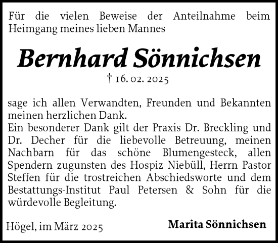 Traueranzeige von Bernhard Sönnichsen von Husumer Nachrichten, Nordfriesland Tageblatt