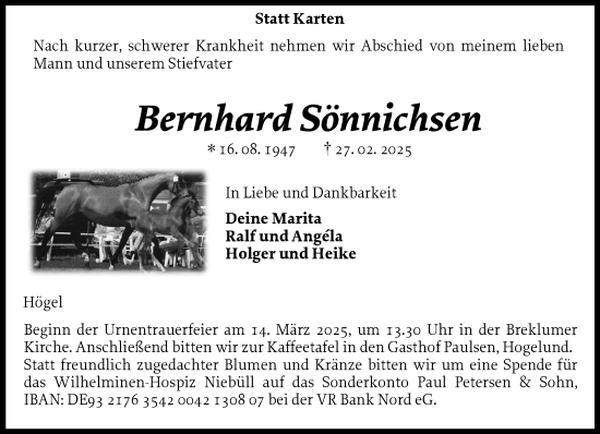 Traueranzeige von Bernhard Sönnichsen von Husumer Nachrichten, Nordfriesland Tageblatt