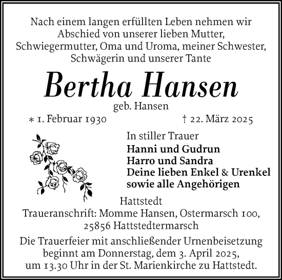 Traueranzeige von Bertha Hansen von Husumer Nachrichten, Nordfriesland Tageblatt