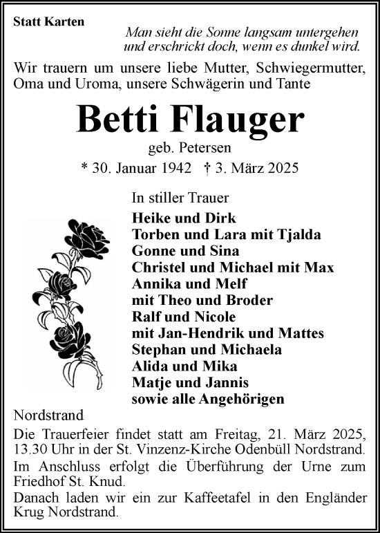 Traueranzeige von Betti Flauger von Husumer Nachrichten, Nordfriesland Tageblatt