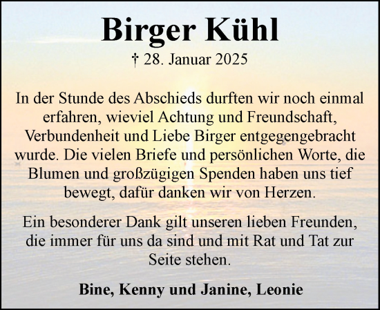 Traueranzeige von Birger Kühl von Flensburger Tageblatt