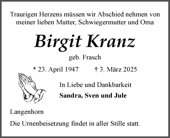 Traueranzeige von Birgit Kranz von Husumer Nachrichten, Nordfriesland Tageblatt