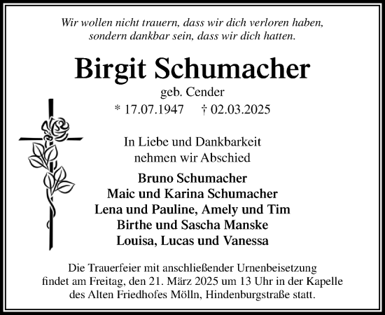 Traueranzeige von Birgit Schumacher von MARKT Ratzeburg/Mölln