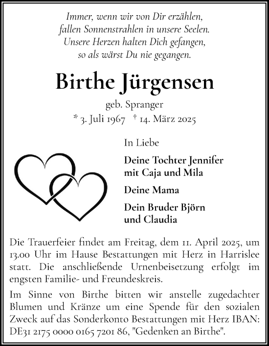Traueranzeige von Birthe Jürgensen von Flensburger Tageblatt