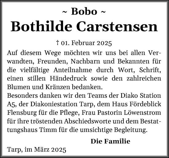 Traueranzeige von Bothilde Carstensen von Flensburger Tageblatt