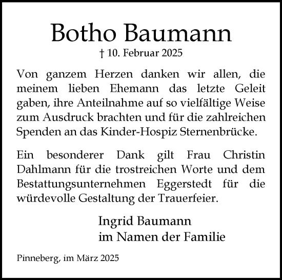 Traueranzeige von Botho Baumann von Region Pinneberg und tip Pinneberg