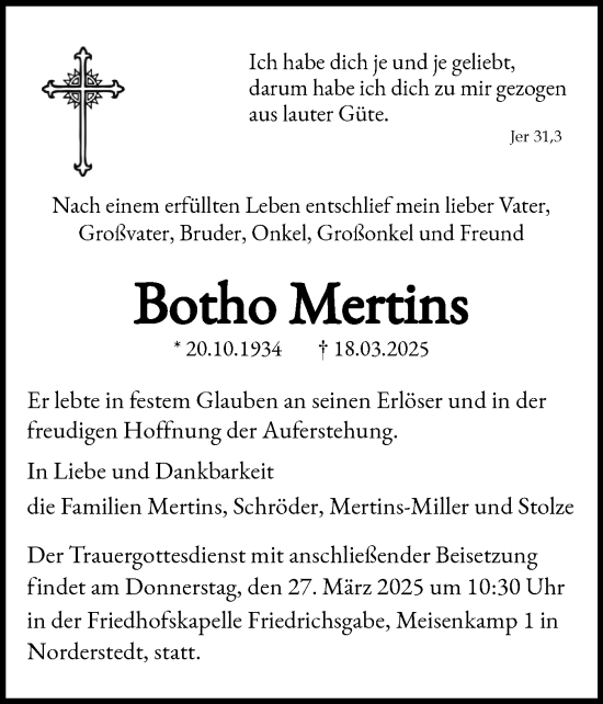 Traueranzeige von Botho Mertins von Holsteinischer Courier
