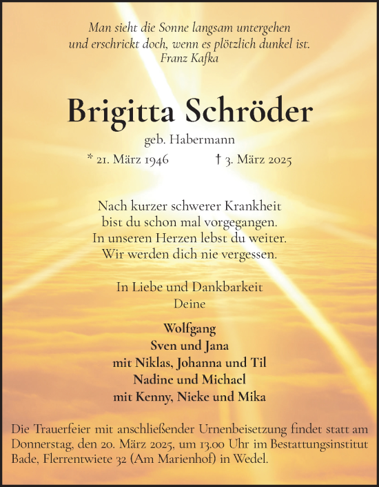 Traueranzeige von Brigitta Schröder von Wedel-Schulauer Tageblatt, tip Wedel-Schulauer Tageblatt, tip Rissener Rundschau