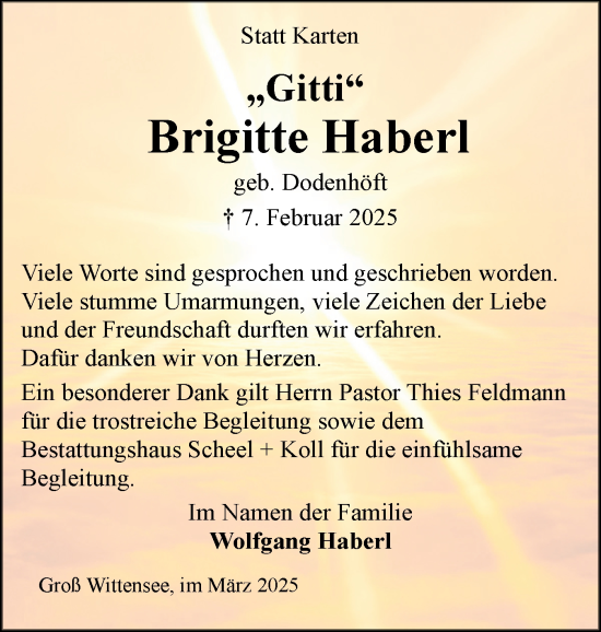 Traueranzeige von Brigitte Haberl von Eckernförder Zeitung, Hallo Eckernförde