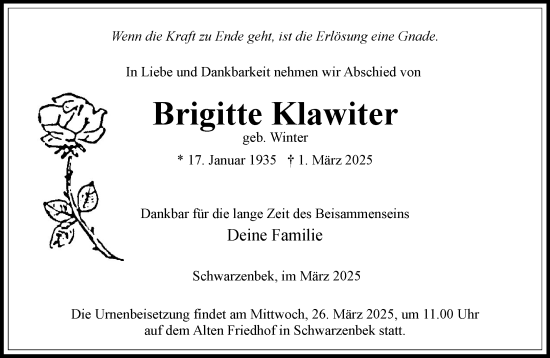 Traueranzeige von Brigitte Klawiter von Wochenend Anzeiger