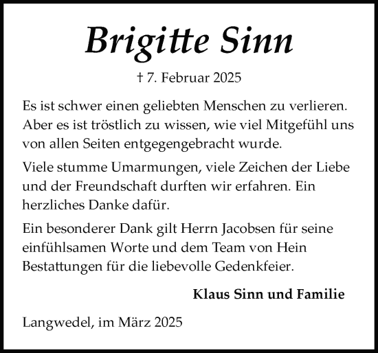 Traueranzeige von Brigitte Sinn von Schleswig-Holsteinische Landeszeitung