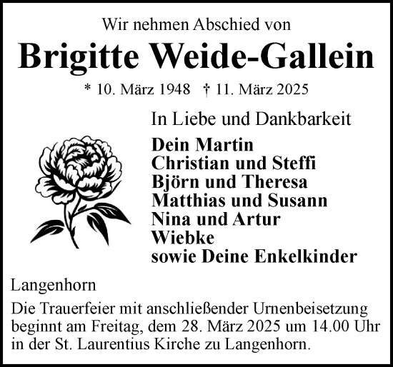 Traueranzeige von Brigitte Weide-Gallein von Husumer Nachrichten, Nordfriesland Tageblatt
