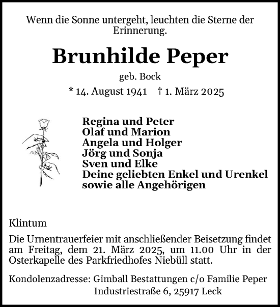 Traueranzeige von Brunhilde Peper von Husumer Nachrichten, Nordfriesland Tageblatt