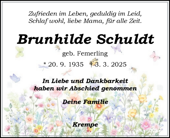 Traueranzeige von Brunhilde Schuldt von Norddeutsche Rundschau, Wilstersche Zeitung, Glückstädter Fortuna