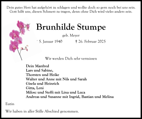 Traueranzeige von Brunhilde Stumpe von Ostholsteiner Anzeiger
