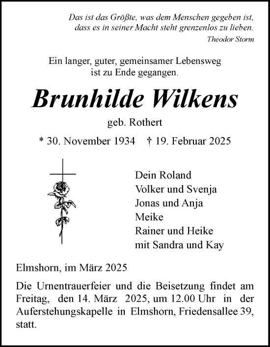 Traueranzeige von Brunhilde Wilkens von Elmshorner Nachrichten, Barmstedter Zeitung