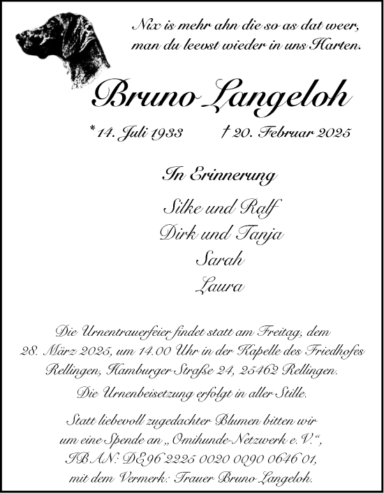 Traueranzeige von Bruno Langeloh von Region Pinneberg und tip Pinneberg