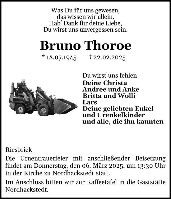 Traueranzeige von Bruno Thoroe von Region Flensburg