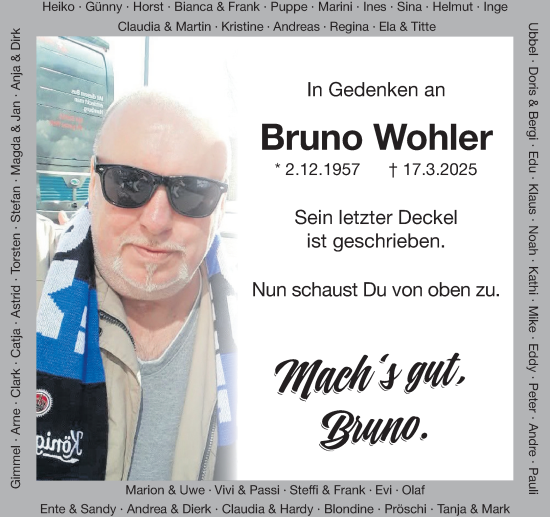 Traueranzeige von Bruno Wohler von Wochenend Anzeiger