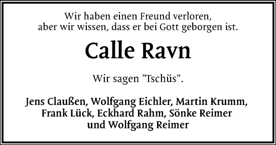 Traueranzeige von Calle Ravn von Holsteinischer Courier