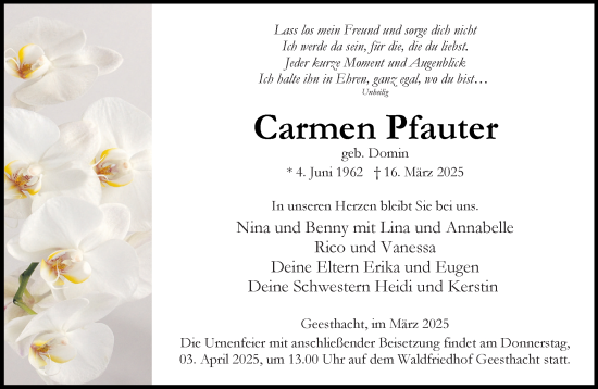 Traueranzeige von Carmen Pfauter von Wochenend Anzeiger