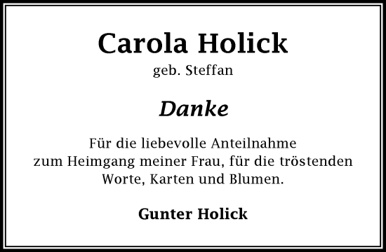 Traueranzeige von Carola Holick von Wochenend Anzeiger
