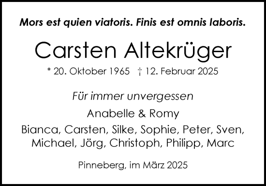 Traueranzeige von Carsten Altekrüger von Region Pinneberg und tip Pinneberg