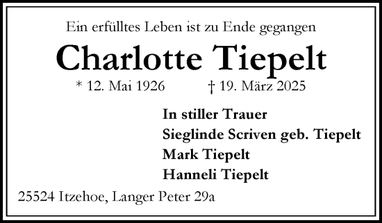 Traueranzeige von Charlotte Tiepelt von Norddeutsche Rundschau, Wilstersche Zeitung, Glückstädter Fortuna