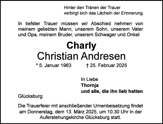 Traueranzeige von Charly Christian Andresen von Flensburger Tageblatt
