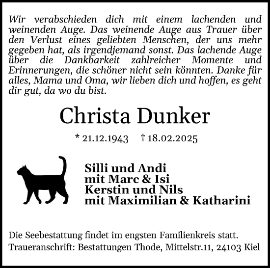 Traueranzeige von Christa Dunker von Eckernförder Zeitung, Hallo Eckernförde