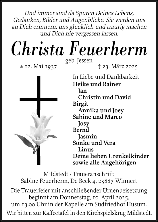 Traueranzeige von Christa Feuerherm von Region Flensburg