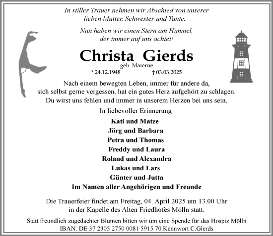 Traueranzeige von Christa Gierds von MARKT Ratzeburg/Mölln