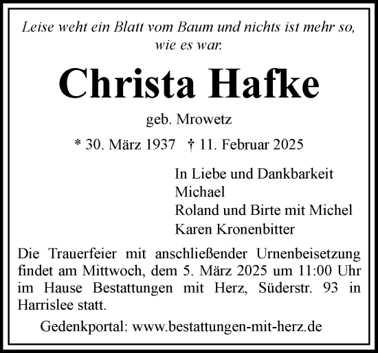 Traueranzeige von Christa Hafke von Flensburger Tageblatt