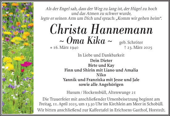 Traueranzeige von Christa Hannemann von Husumer Nachrichten, Nordfriesland Tageblatt