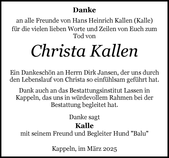Traueranzeige von Christa Kallen von Schleswiger Nachrichten, Schlei-Bote