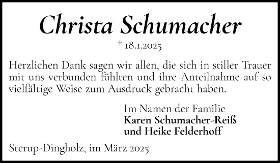 Traueranzeige von Christa Schumacher von Flensburger Tageblatt