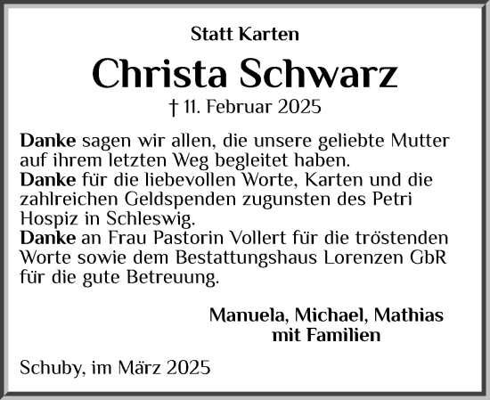Traueranzeige von Christa Schwarz von Schleswiger Nachrichten, Schlei-Bote