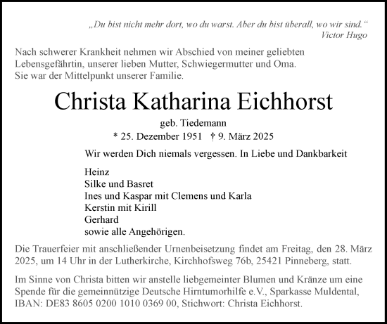 Traueranzeige von Christa Katharina Eichhorst von Region Pinneberg und tip Pinneberg
