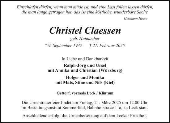Traueranzeige von Christel Claessen von Husumer Nachrichten, Nordfriesland Tageblatt