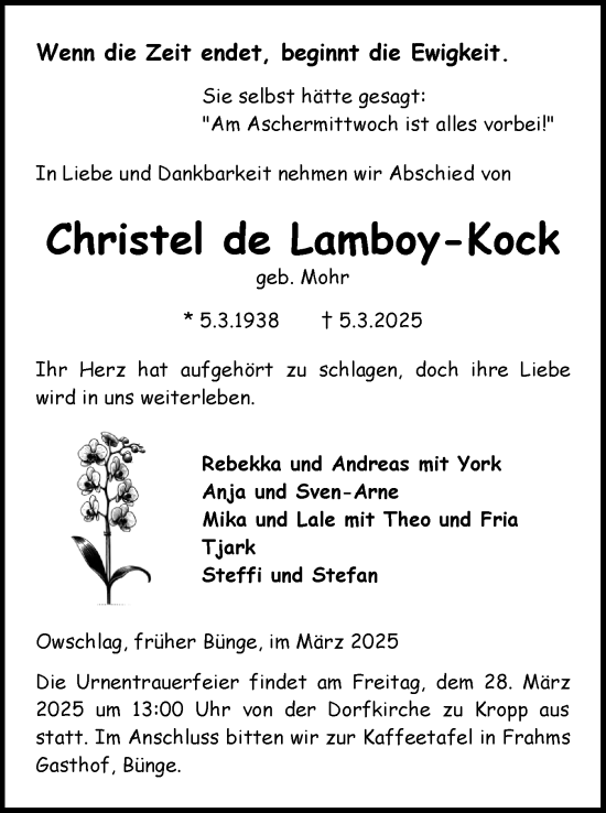 Traueranzeige von Christel de Lamboy-Kock von Schleswiger Nachrichten, Schlei-Bote