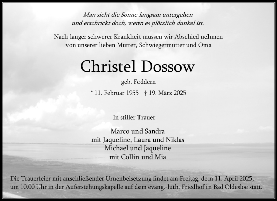 Traueranzeige von Christel Dossow von MARKT Bad Oldesloe/Reinfeld und Stormarner Tageblatt