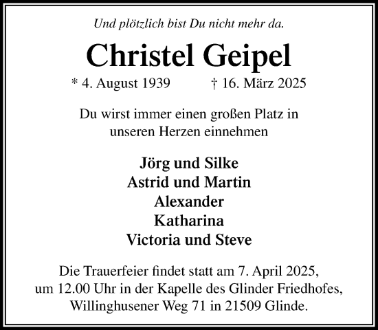 Traueranzeige von Christel Geipel von MARKT Glinde/Reinfeld