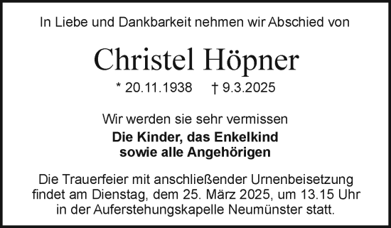 Traueranzeige von Christel Höpner von Holsteinischer Courier