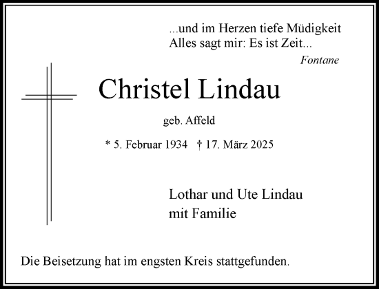 Traueranzeige von Christel Lindau von MARKT Bad Oldesloe/Reinfeld und Stormarner Tageblatt
