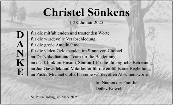 Traueranzeige von Christel Sönkens von Husumer Nachrichten, Nordfriesland Tageblatt