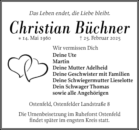 Traueranzeige von Christian Büchner von Husumer Nachrichten, Nordfriesland Tageblatt