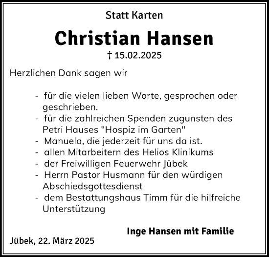 Traueranzeige von Christian Hansen von Region Flensburg