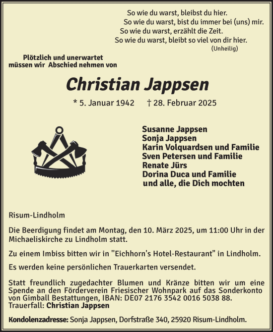 Traueranzeige von Christian Jappsen von Husumer Nachrichten, Nordfriesland Tageblatt